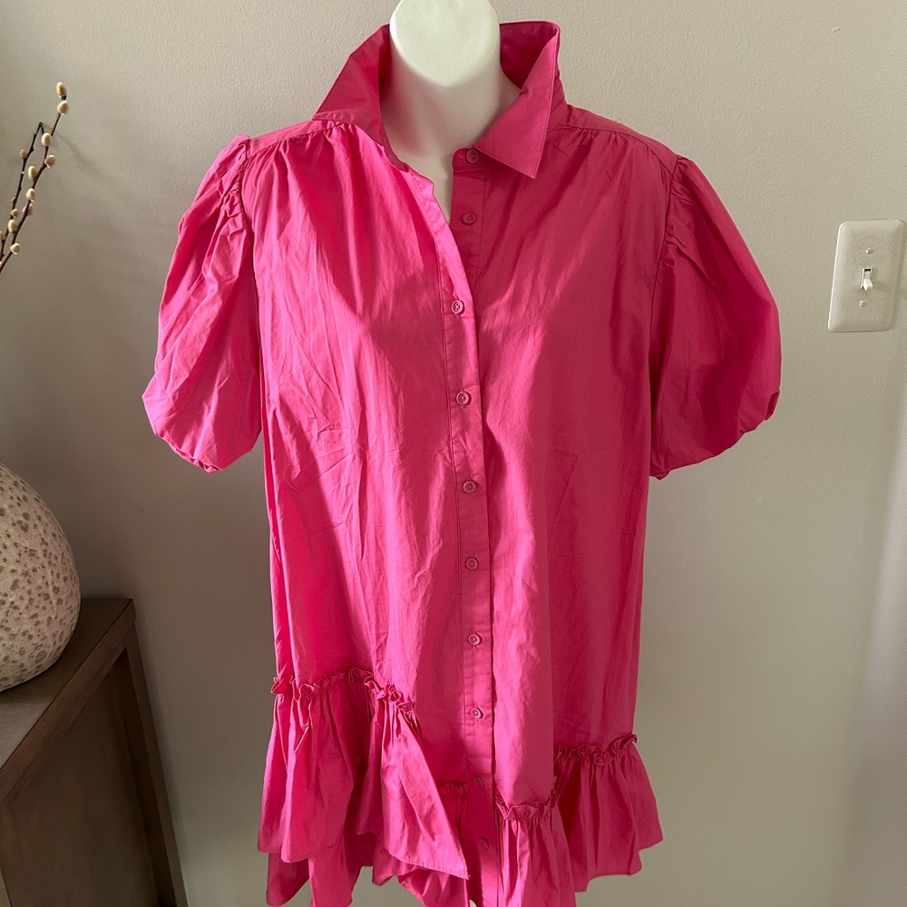 Karlie Pink Puff Sleeve Button Down Dress